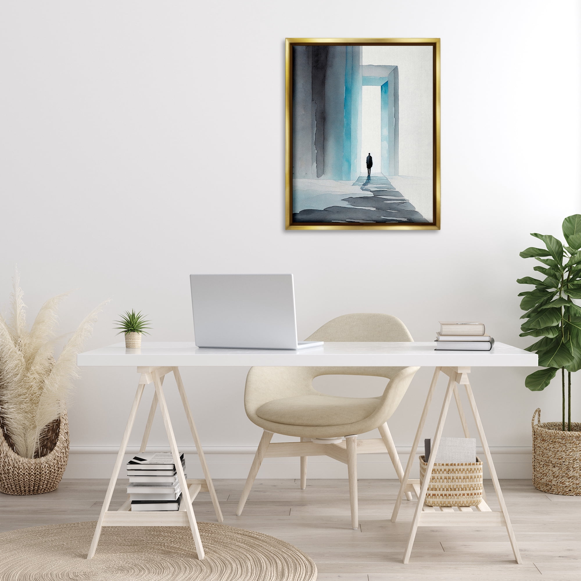 Stupell Industries Person with Snowy Doorway Landscape Painting Gold Floater Framed Canvas Art Print Wall Art, 25 x 31