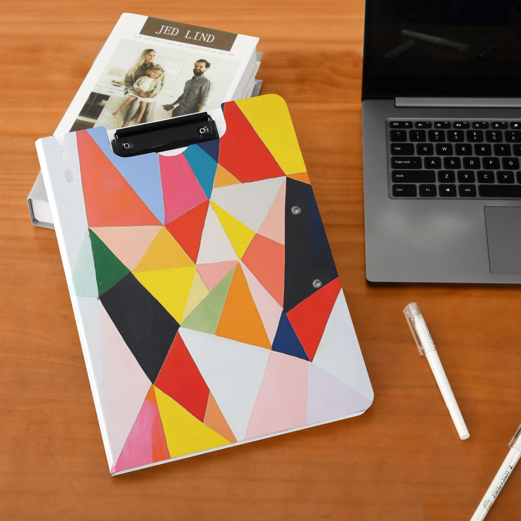 FORMRS A4 Clipboard Folder with Pen Holder Horizontal Foldable School Office Binder, Purple Triangles