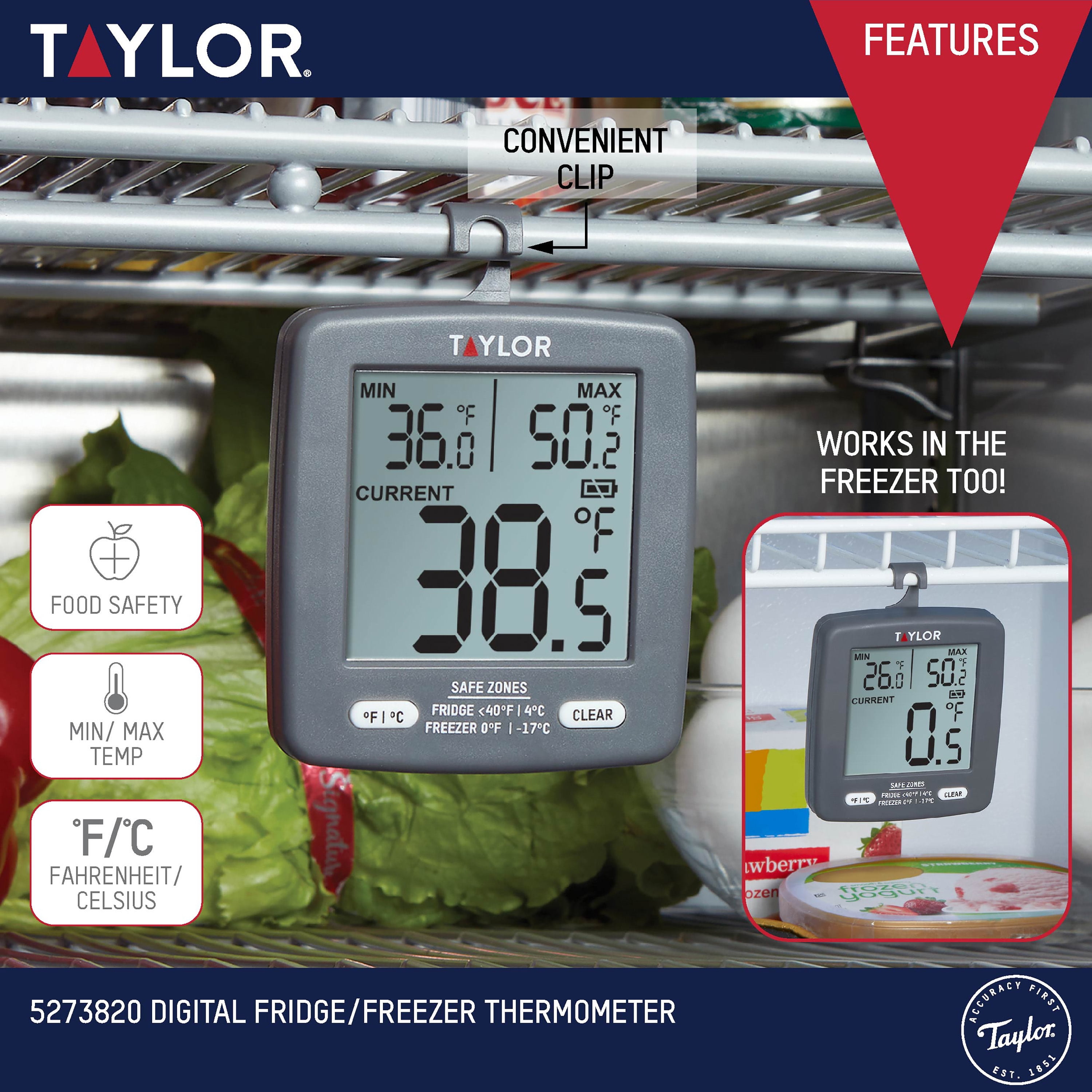 Taylor 5924 Refrigerator & Freezer Thermometer for Commercial Restaurant  Coolers