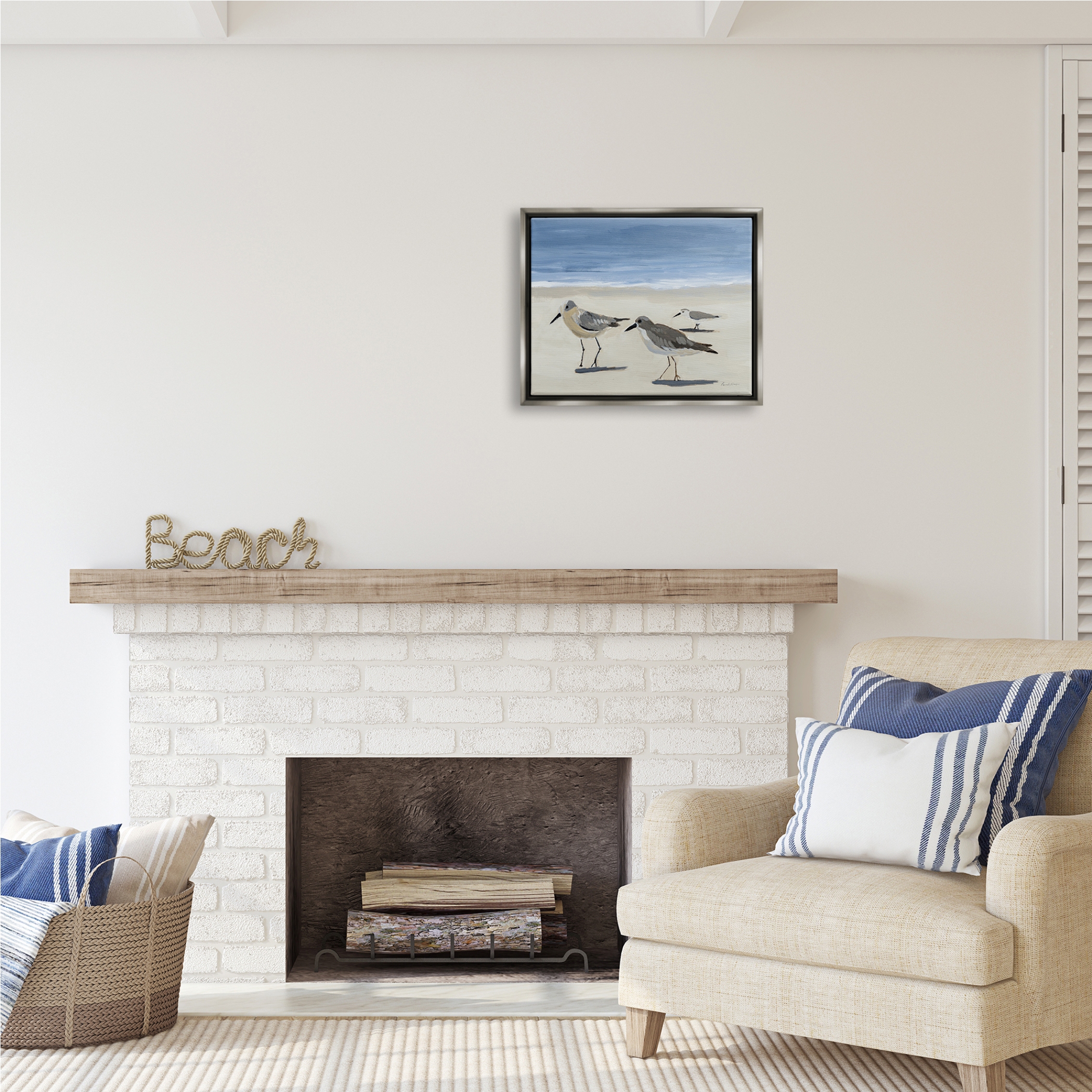 Stupell Industries Sandpipers on Shore Painting Animals & Insects Painting Gray Floater Framed Art Print Wall Art, 21 x 17