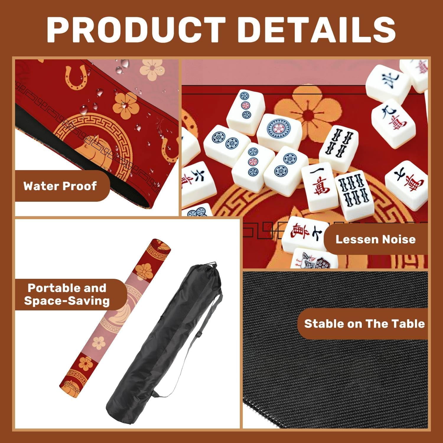 Mahjong Mat for Table Seamless Happy Chinese New Year 2026 Year Horse Zodiac Sign Chinese 31.5" x 31.5" Non-Slip Noise-Reducing Game Mat Premium Mahjong Accessories for Poker Dominoes Board Games