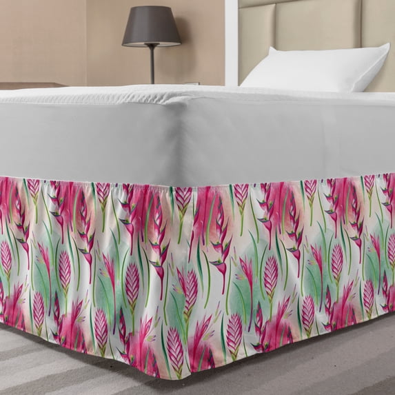 Exotic Bed Skirt, Endemic Tropic Flowers on a Background of Paint Blots, Elastic Bedskirt Dust Ruffle Wrap Around for Bedding Decor, 4 Sizes, Magenta Fern Green, by Ambesonne