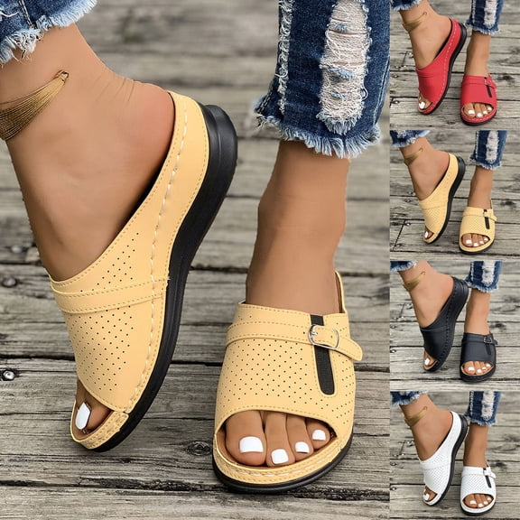 HomeDM Women's Wedge Platform Mules - Summer Slip On Open Toe Sandals Comfort Breathable Cut Out Beach Shoes, Yellow Size 5.5