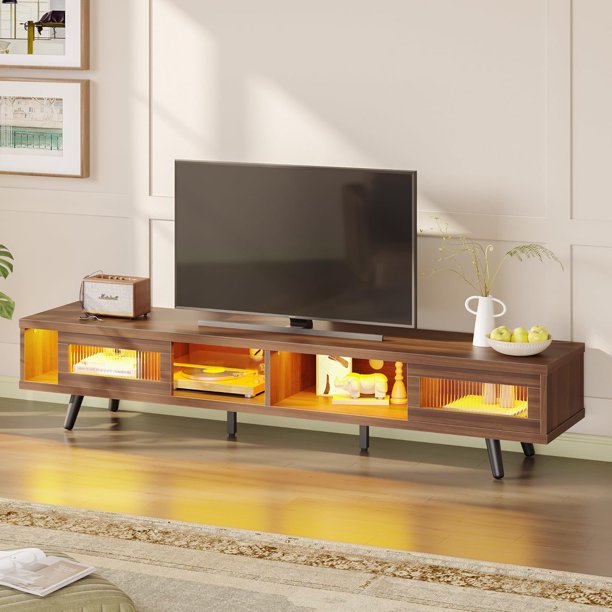 LLXINGS Mid Century Modern TV Stand for 75 inch TV, LED Entertainment Center with Storage and Sliding Doors, Low Profile TV Consoles for Living Room, Ancona Walnut