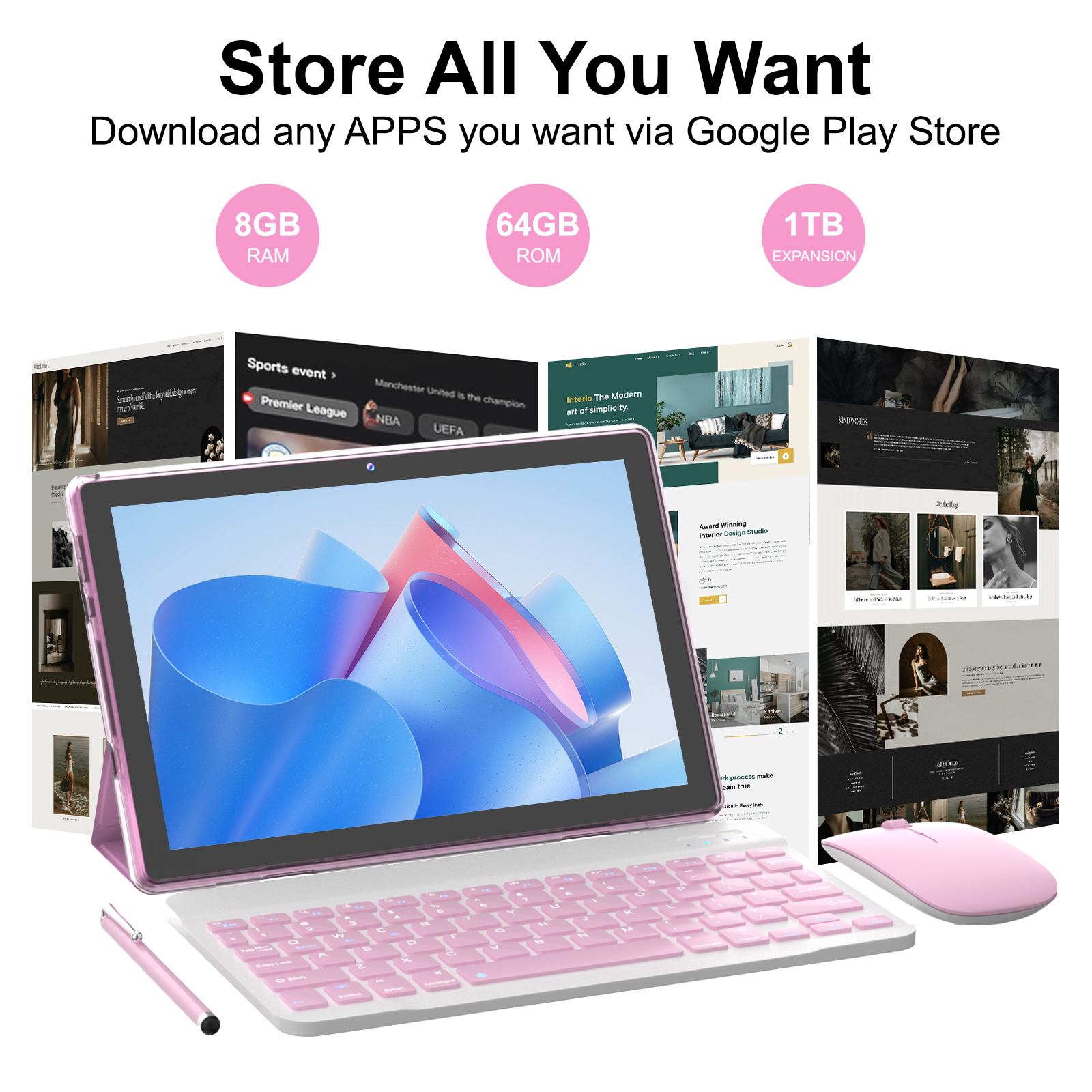 Android 15 Tablet 2 in 1 Tablets 10 Inch Tablet with Keyboard Mouse Case Protective Stylus 10.1" Tab 8GB+64GB Support 1TB Expansion 2MP+8MP Dual Camera 6000mAh Battery Bluetooth WIFI-6, Pink