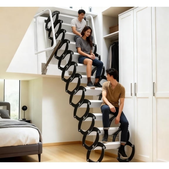 10FT Al-Mg Alloy Attic Pull Down Loft Ladder Stairs - 12 Step Wall Mounted Collapsible Attic Stairs Pull Down System 1300LBS Capacity Foldable Attic Ladders with Armrests