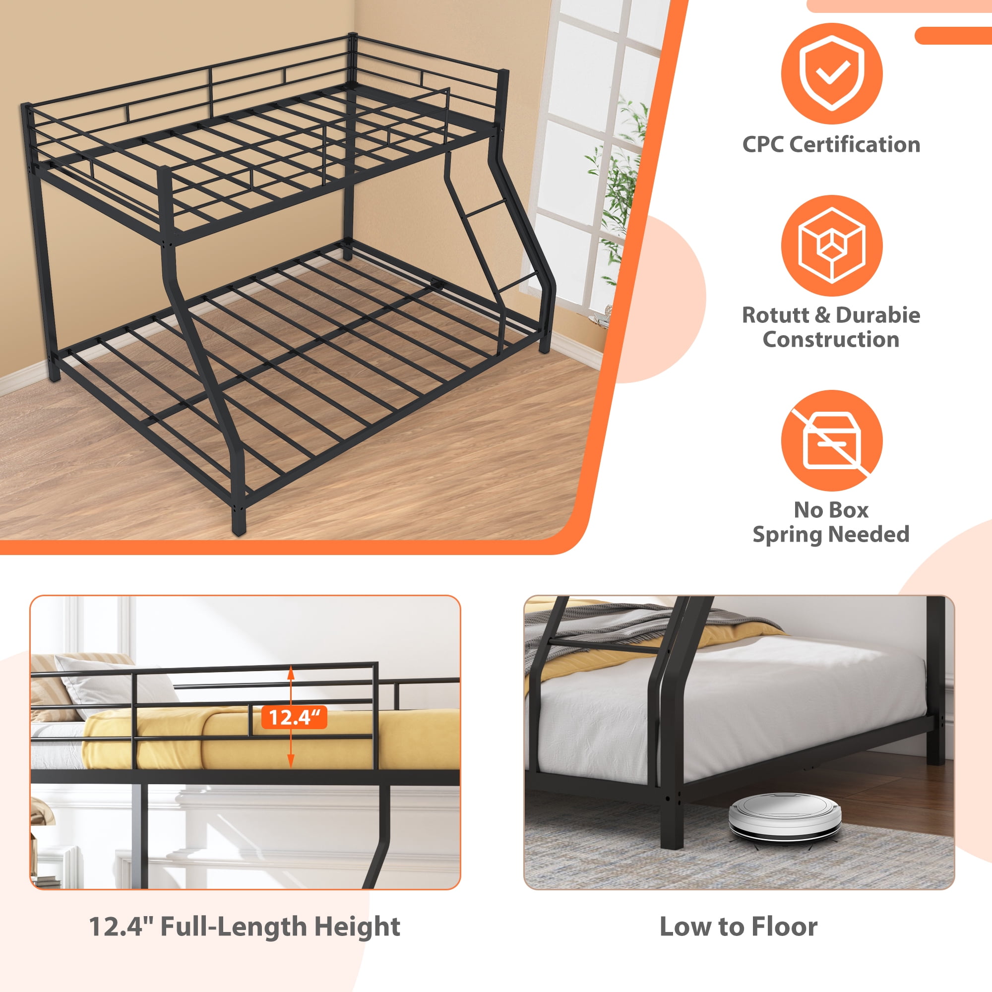 Bunk Beds Twin over Full Size, LEGAHOME Metal Bunk Beds for Kids, Twin Over Full Kids Bunk Bed with Full-Length Guardrail, for Adults Dorm Bedroom Guest Room, No Box Spring Needed, Black