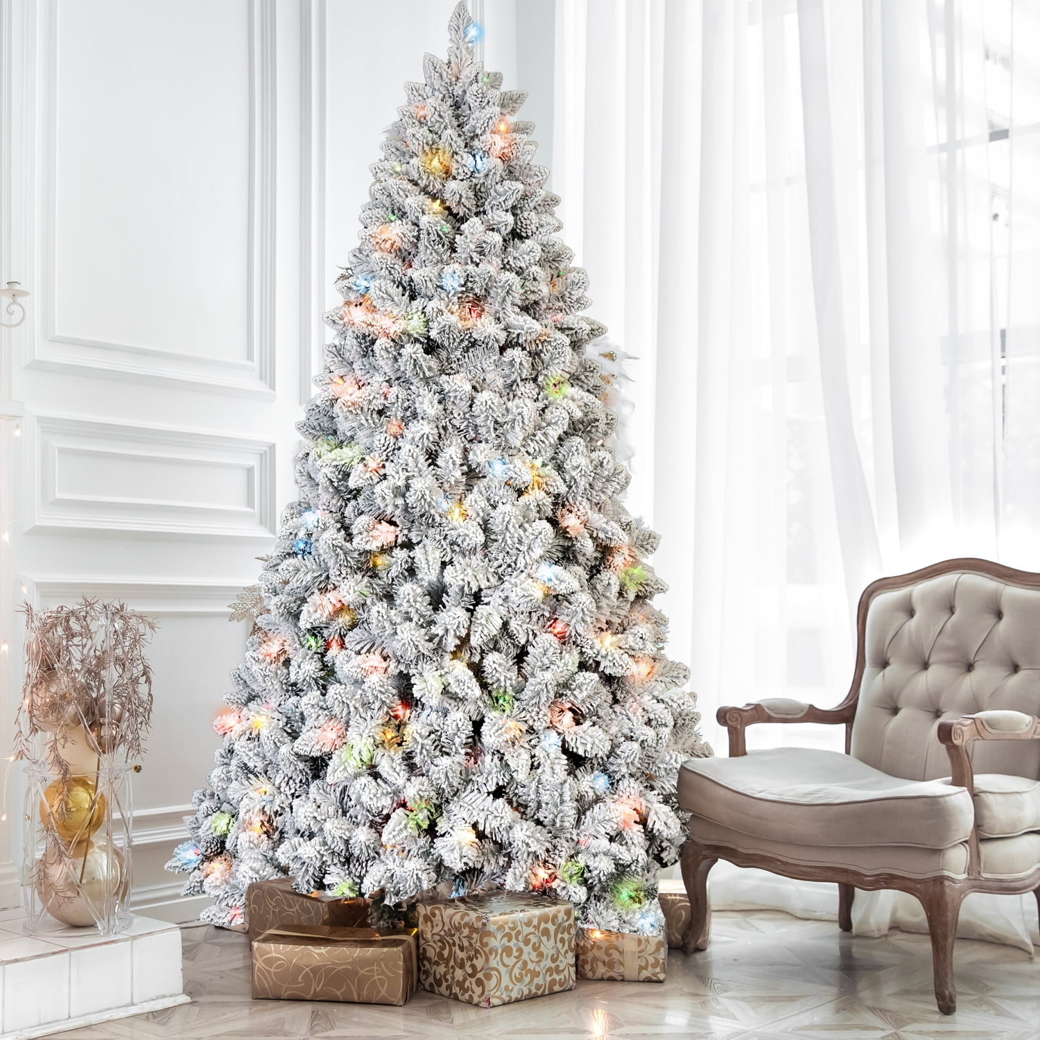 5ft Prelit Snow Flocked Christmas Tree with 150 LED Lights 366 Tips Pine Cones Hinged Branches