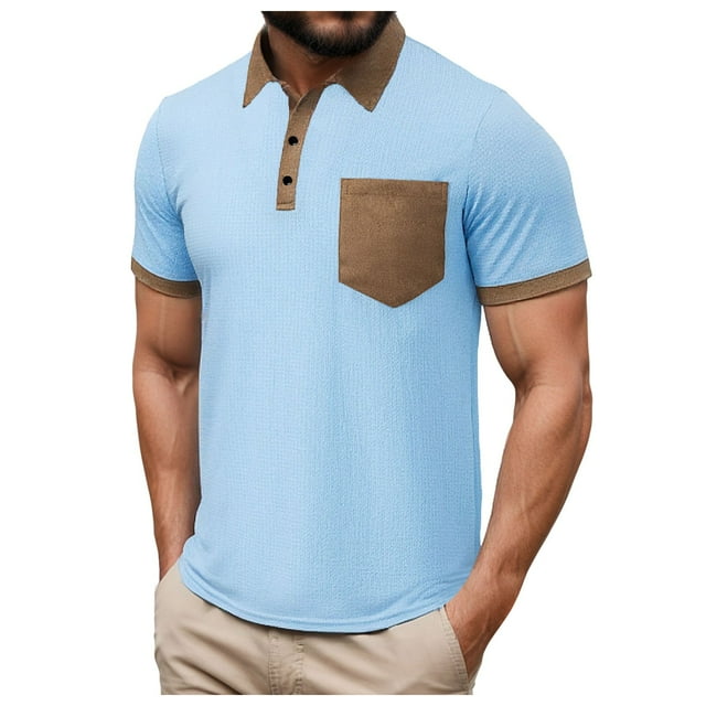 Caqnni Men Knit Polo Shirts Short Sleeve Casual Button Polo Shirt Fashion Golf Shirts Business Work Tops For Spring Fall Summer Winter(A-Light Blue,M)