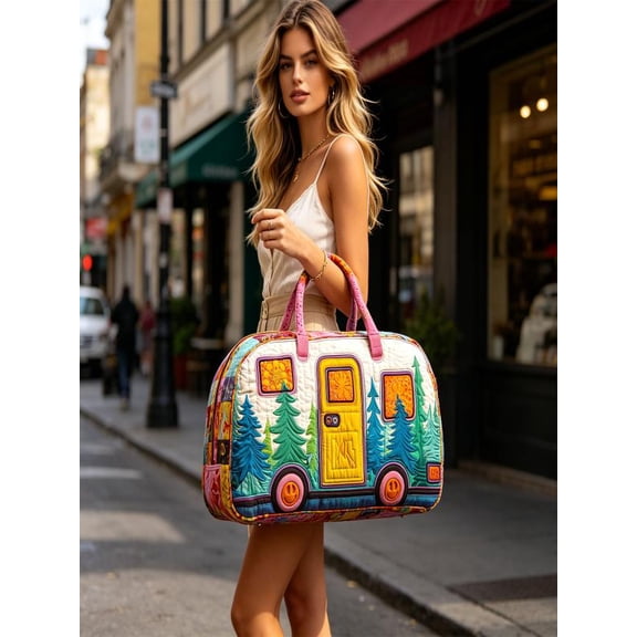 Yardvibe 3D Printed Quilted Travel Duffle Bag, 9"x18"x9" Camping Outdoor Boho Travel Weekend Bag, Carry-On Overnight Luggage Bags, Vintage Floral Luggage for Gym, Yoga & Carry-on (C)