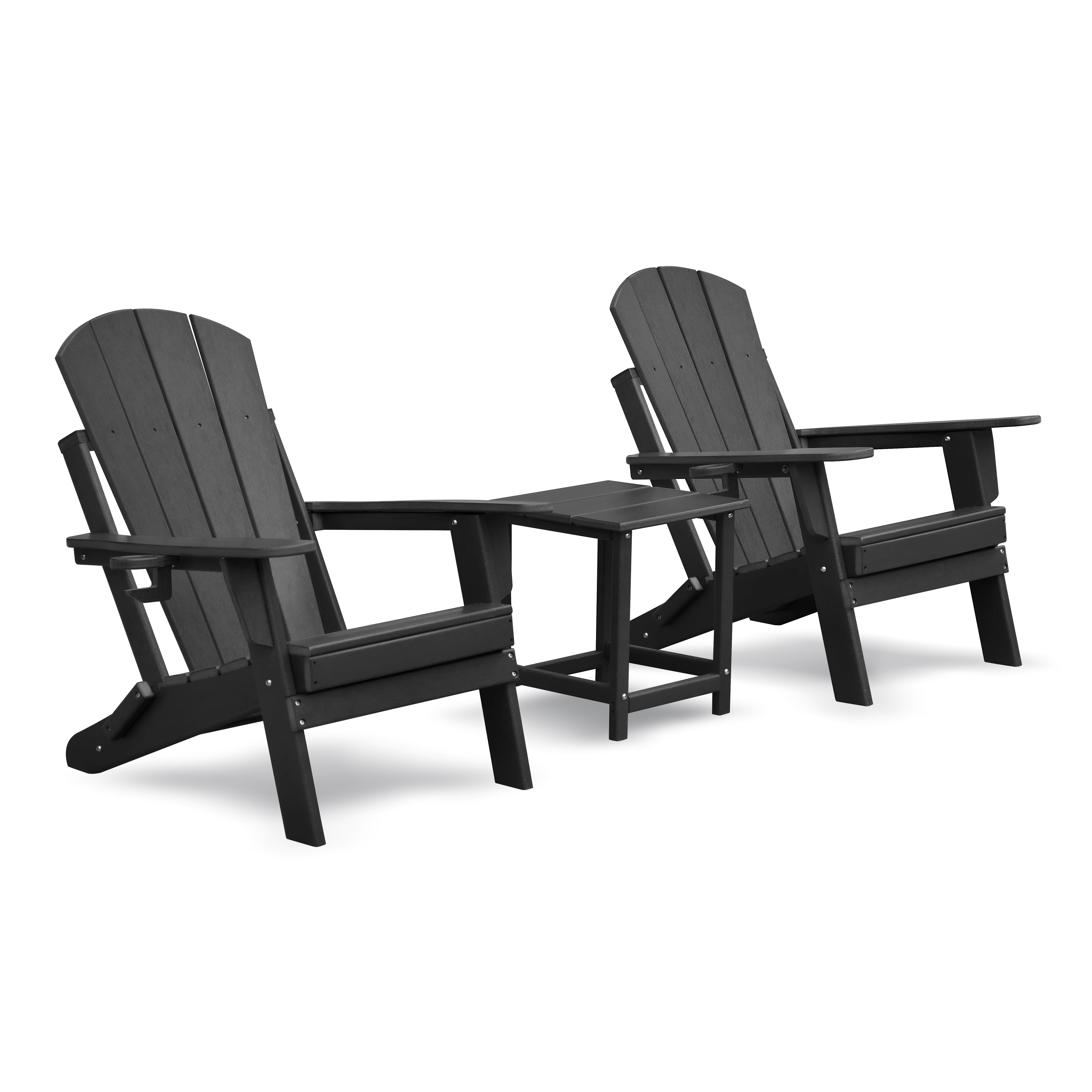 Dining Set Folding Outdoor Adirondack Chair Set of 2 and Table Set,All-weather Folding Fire Pit Chair, Ergonomic Design Patio Lawn Chair for Outside Deck Garden Backyardf Balcony, Black