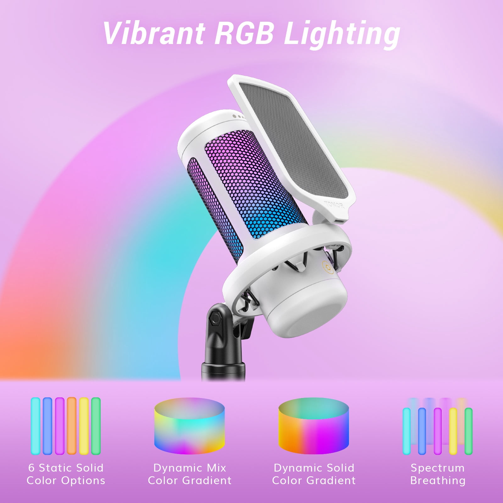 TONOR TC310 Gaming Microphone Type-C Plug, Desktop USB Microphone with RGB, Quick Mute, for Twitch, Streaming, Podcast, Studio Recording, Discord Chatting, 200 cm/78 inch Cable, White