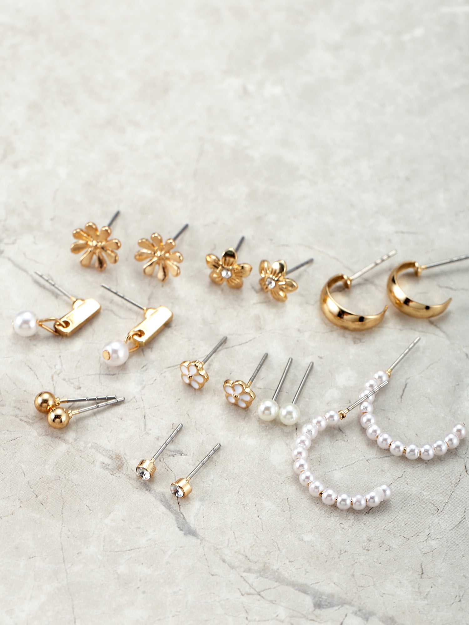 Womens Gold Mini Stud and Hoop Earring Collection, Flower Motif, 9 Pairs