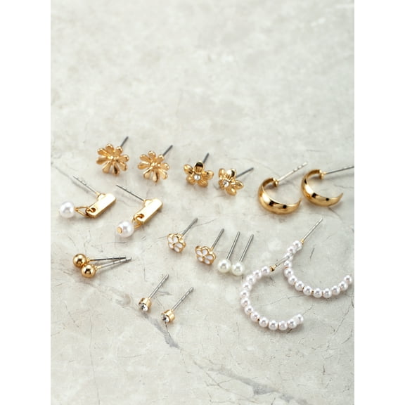 Time and Tru Womens Gold Mini Stud and Hoop Earring Collection, Flower Motif, 9 Pairs