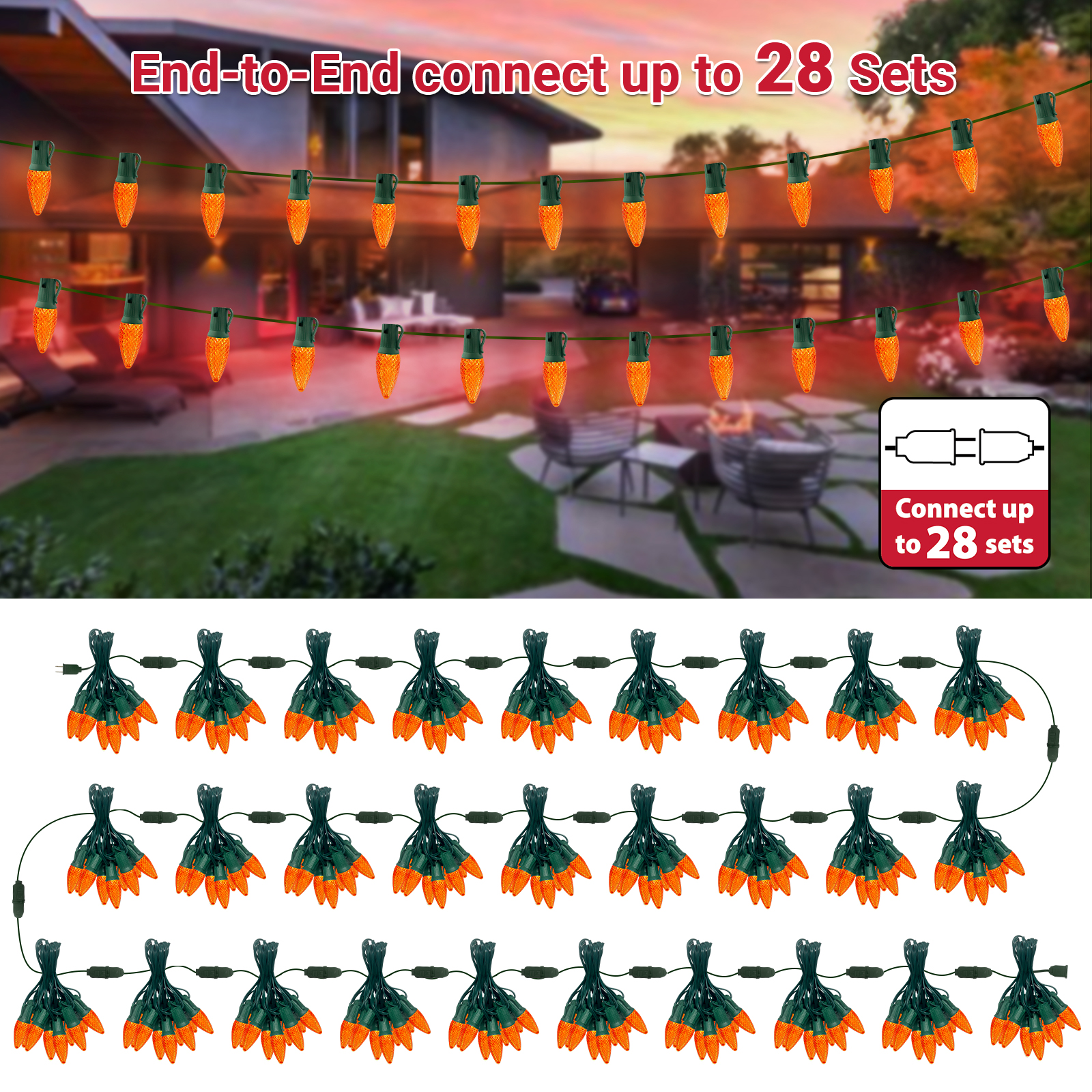LAMPHOME Orange C9 Christmas String Light Outdoor, 25FT Shatterproof LED for House Rooflines & Pathways, Connectable Waterproof Vintage Christmas Light for Tree, Yard, Patio, Porch, Garden
