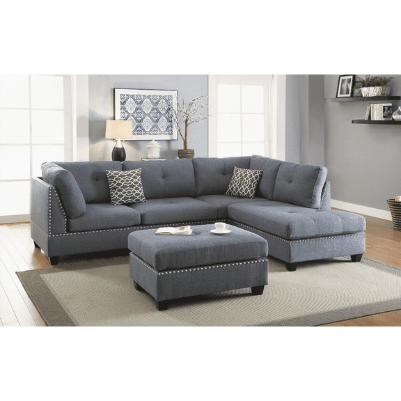 3-Piece Sectional Sofa - Blue Grey Polyfiber, Reversible Chaise, Ottoman & Pillows for US Homes