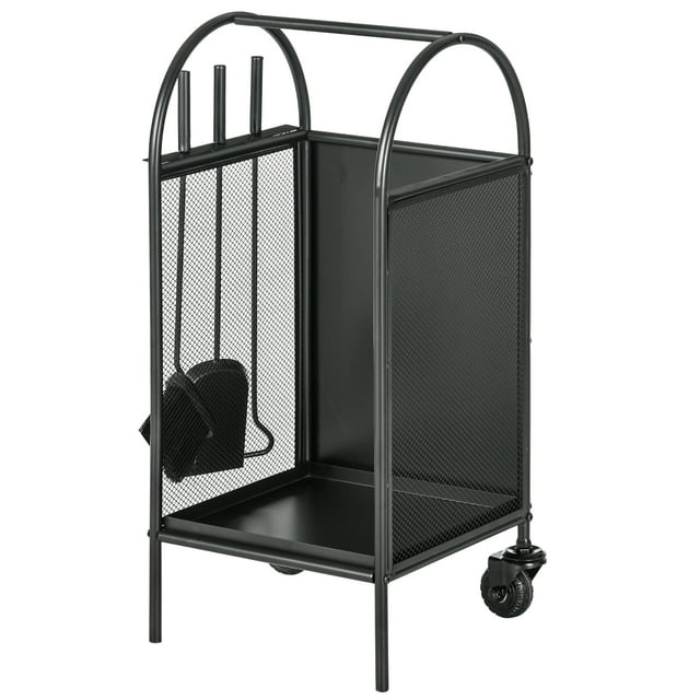 CoSoTower 15" Outdoor Firewood Rack with Wheels and Tools, Heavy Duty Wood Storage Stacker, Indoor Outdoor Log Rack, Black