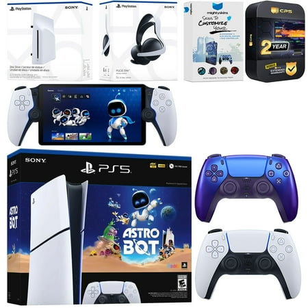 Sony PlayStation 5 Astro Bot Slim Digital Bundle with Disc Drive, Pulse Elite Headset, Extra Controller, PlayStation Portal, MightySkins Voucher and 2 Year Extended Warranty - Chroma Indigo