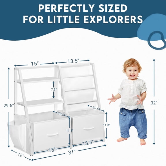 Kids Bookshelf and Toy Storage, Book Shelf for Kids Room, Toddler Montessori Bookshelf with 2 Drawers, Baby Book Shelf for Nursery, Toy Organizer, White