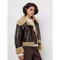 thumbnail image 6 of Women Faux Leather Jacket with Faux Fur Lining Warm Winter Biker Coat Brown M, 6 of 10
