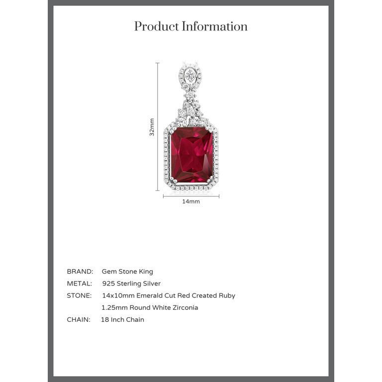 Gem Stone King 925 Sterling Silver Red Created Ruby Pendant Necklace For  Women (5.60 Cttw, Emerald Cut 14X10MM, with 18 inch Silver Chain)