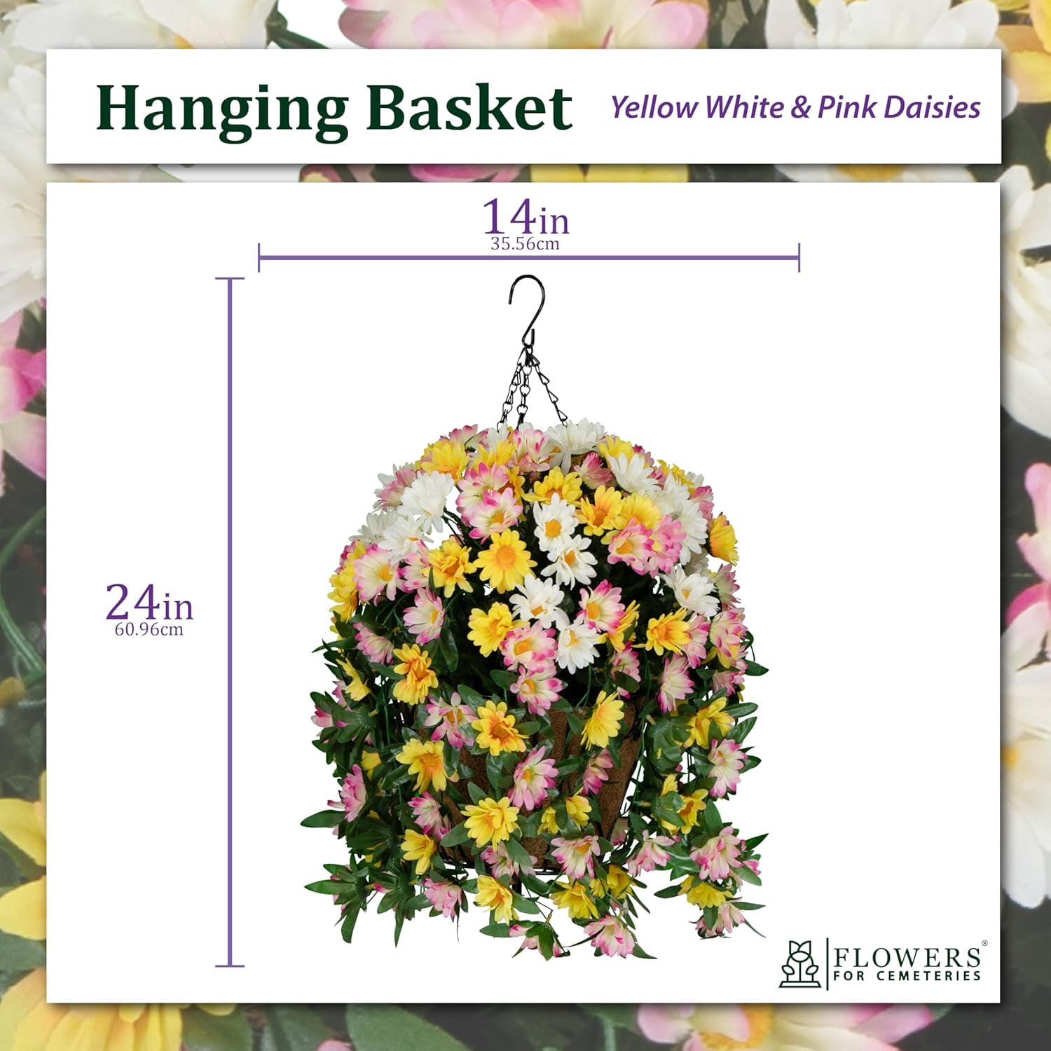 Sympathy Silks Artificial Flowers - Yellow White and Pink Daisies Hanging Basket