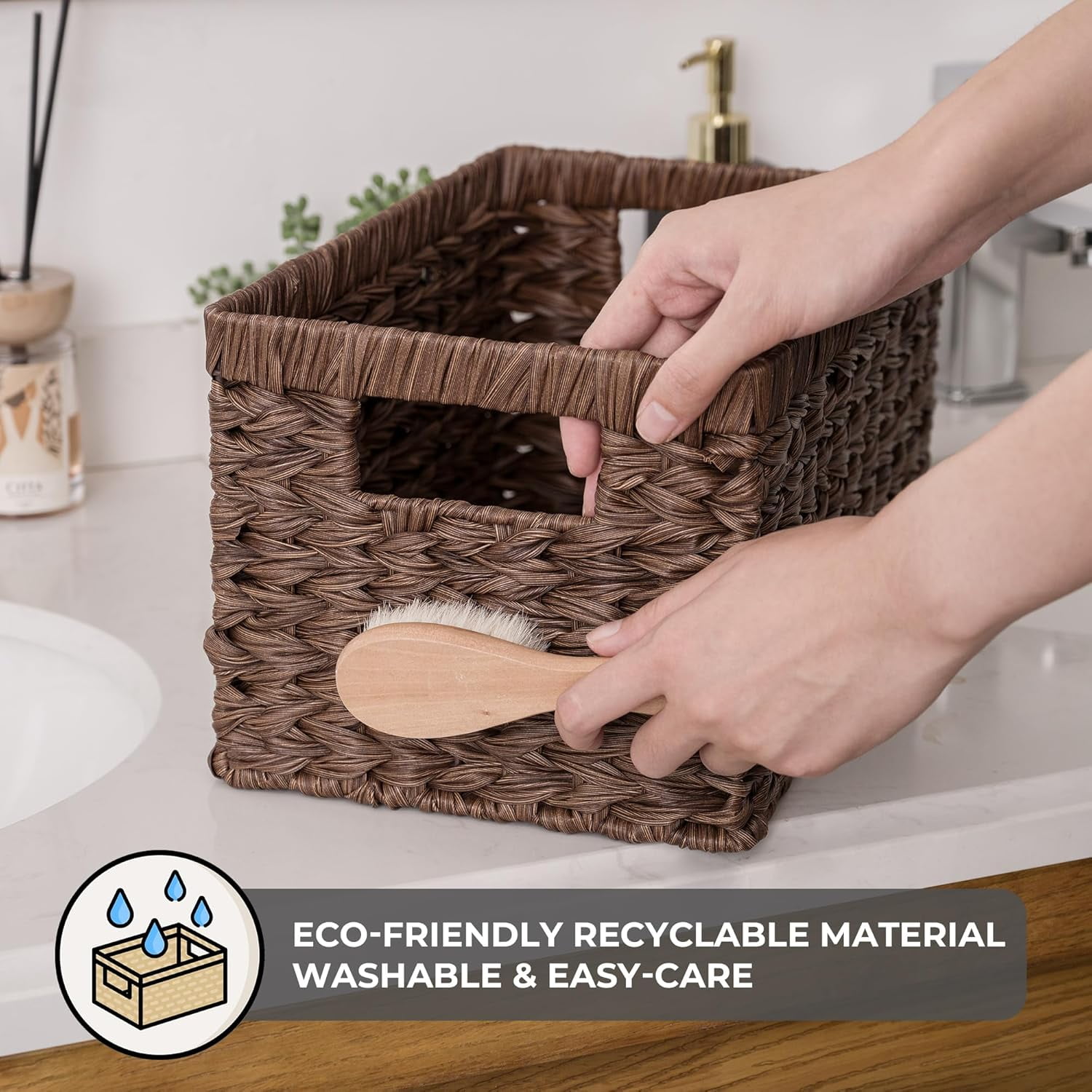 GRANNY SAYS Wicker Storage Baskets for Shelves, Waterproof Woven Baskets for Organizing, Hand Woven Rectangle Basket for Pantry, Brown, 2-Pack