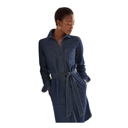 LAUREN RALPH LAUREN Womens Blue Belted Pocketed Button Front Long Sleeve Collared Above The Knee Shirt Dress XL