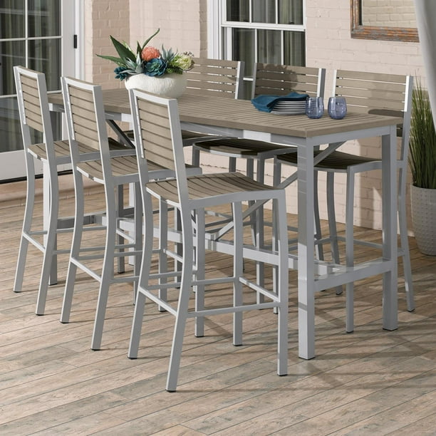 Travira 7 Piece Aluminum Patio Bar Set W 72 X 30 Inch Rectangular Tekwood Vintage Table By Oxford Garden Com Travira 7 Piece Aluminum Patio Bar Set, Aluminum Patio Bar Table