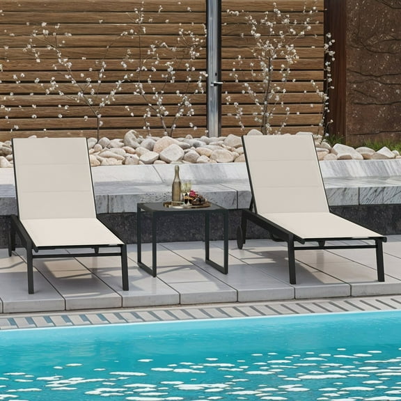Uforic Patio Chaise Lounge Set of 3, Aluminum Outdoor Lounge Chairs with Side Table, Padded Fabric, and Wheels