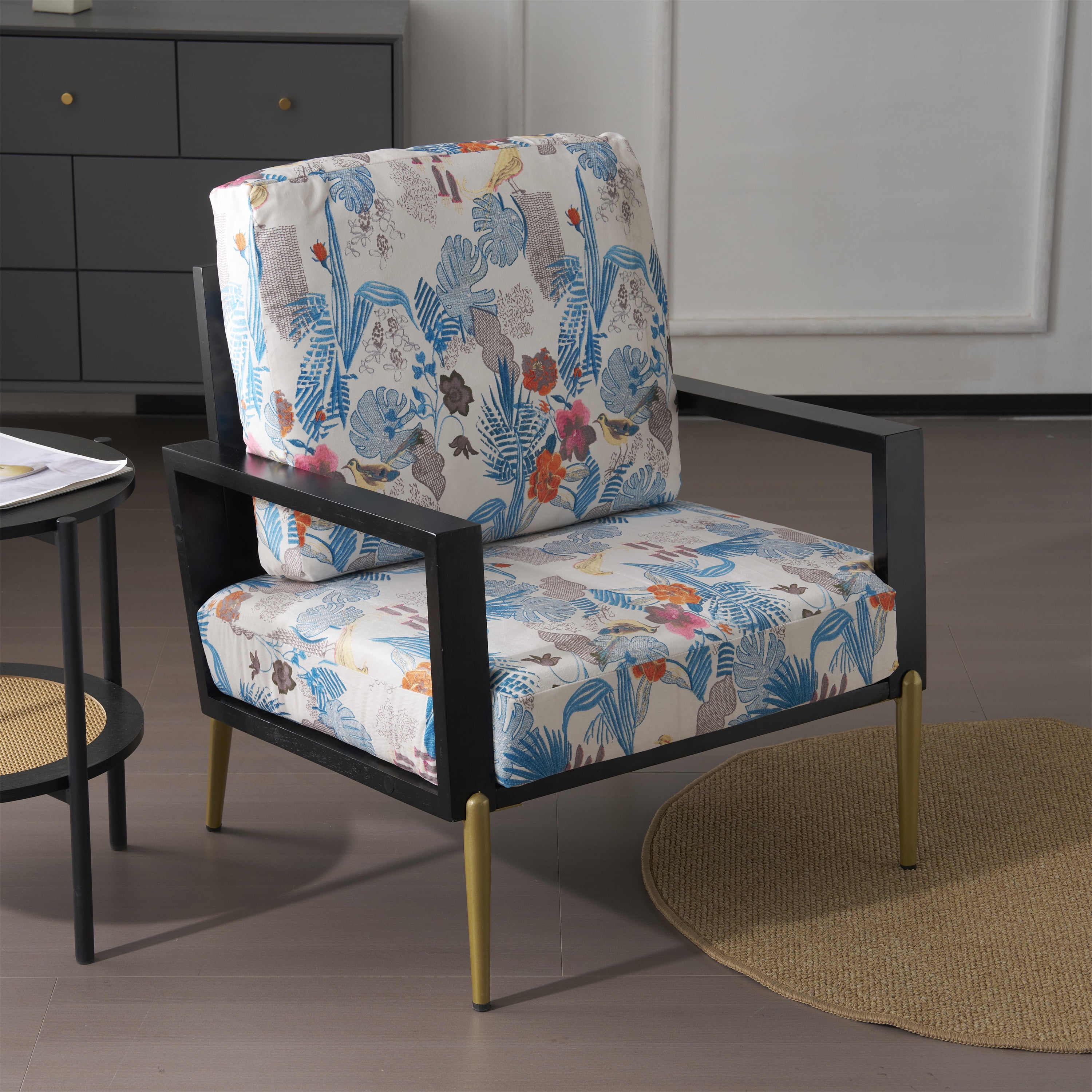 Euroco Accent Armchair with Gold Adjustable Legs, Low-Back Design, and Rubberwood Frame – Oriental Meets American Vintage Elegance