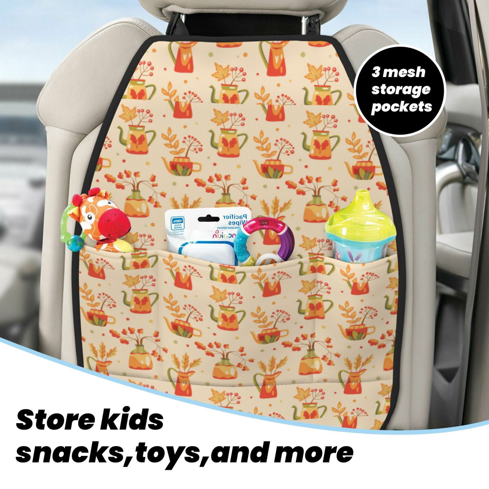 Xecao Fall Leaves Pattern Car Seat Back Protector 2 Pack Large Capacity Pocket, Kick Mats Back Seat Protector