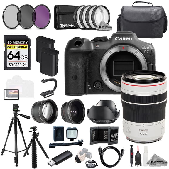 Canon EOS R7 Camera   RF 70-200mm f/4 L IS USM Lens 64GB Ext Bat 9 PC Filter-MEGA Kit (International Version)