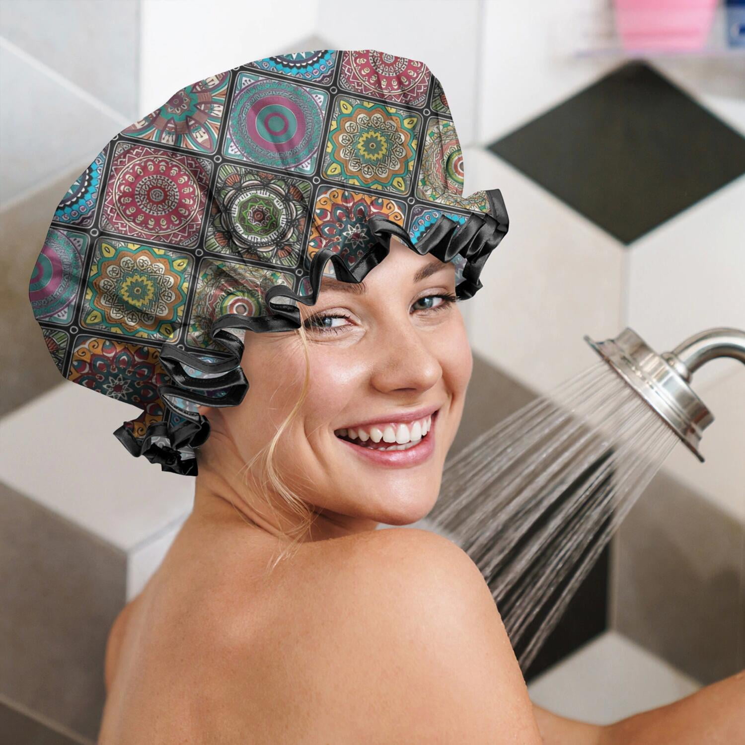 Shower Caps,Multicolor Ethnic Mandala Pattern Waterproof Shower Cap for Women 4 Pieces,Double Reusable Hair Cover for Shower PEVA Elastic Stretch Hem
