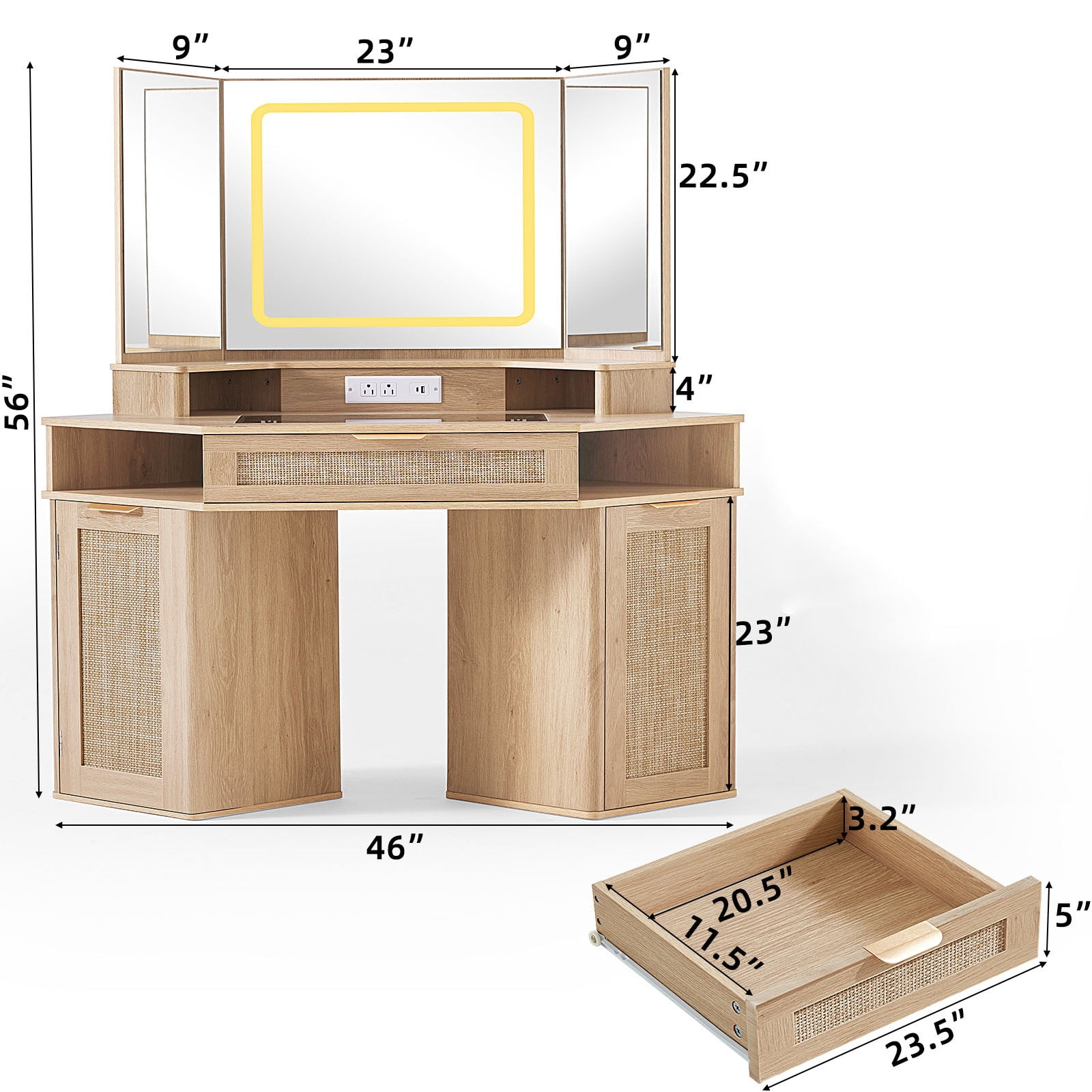 46" Rattan Makeup Vanity Desk with Lighted Mirror and Drawers, Modern Corner Vanity with Glass Top and Charging Station, Natural Wood