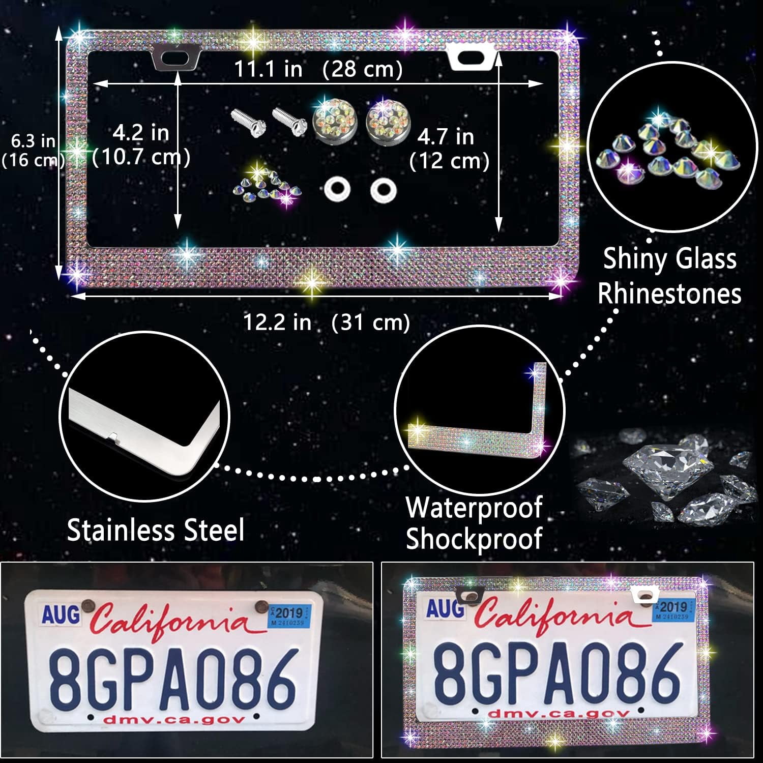 27 Pieces Bling Car Accessories Set for Women, Steering Wheel Covers Universal Fit 15 Inch, Bling Car Coasters, Bling License Plate Frame, Bling Phone Holder, Multicolor Diamond