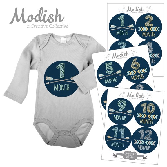 Modish Monthly Baby Stickers, Boy, Tribal, Arrows, Chevron, Navy Blue, Baby Photo Prop, Baby Shower Gift, Baby Book Keepsake