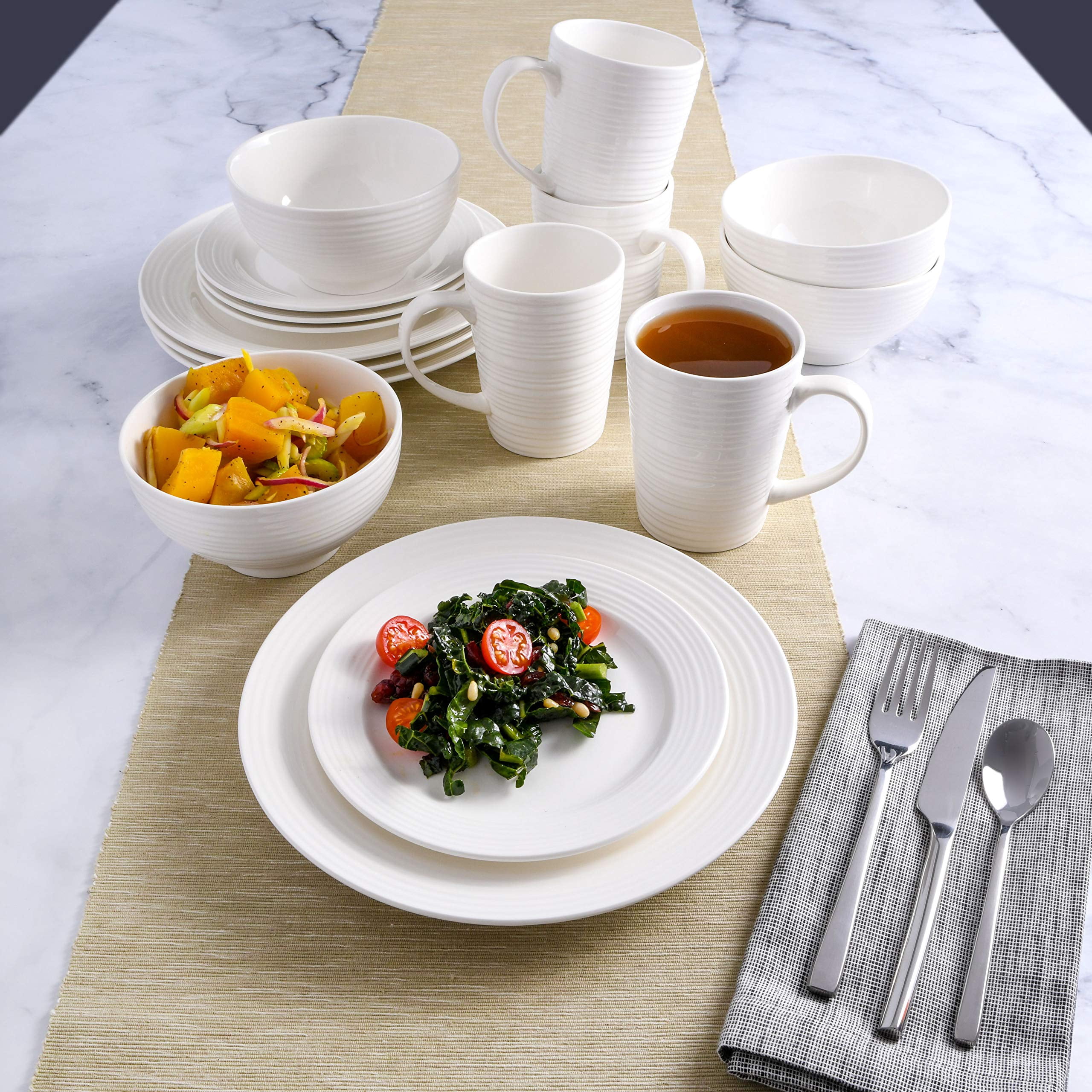 Home Zen Buffet White Porcelain Dinnerware Set for 4 with Square Plates, Bowls, Mugs, Chip and Scratch Resistant, Dishwasher and Microwave Safe, 16 Piece
