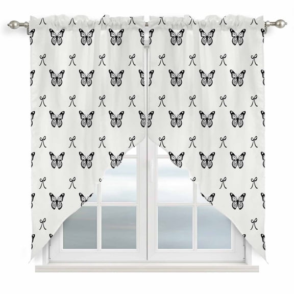 Black Spring Butterfly Swag Curtains for Kitchen/Bedroom/Living Room, Bow Knot Scalloped Curtains 63 Inch Long, Rod Pocket Window Swag Topper Curtains Valances 2 Panels Set 36"x63"