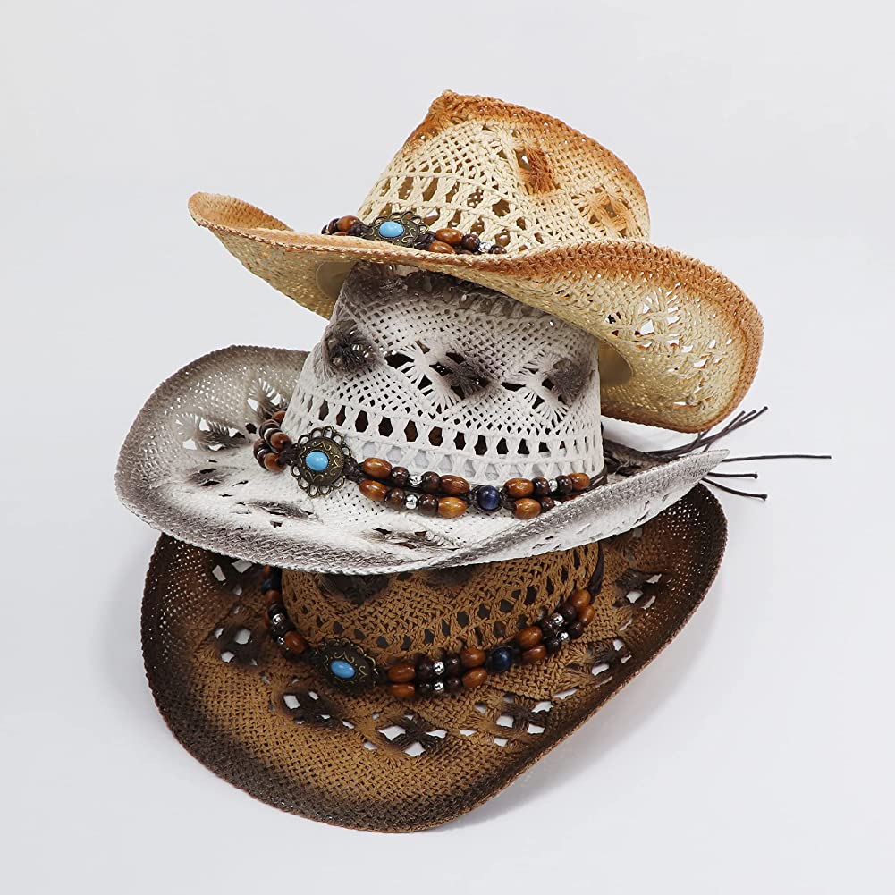 Woven Straw Cowboy Hat with Gem Hat Band, UPF 50+ Sun Protection, Adjustable Gossifan Women main image 4