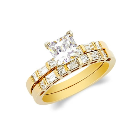 14K Yellow Solid Gold 1 Ct. Princess Cut Cubic Zirconia CZ Wedding Set - size 5