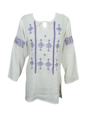 Mogul Womens Indian Tunic Top Ethnic Embroidered Cotton Blend Peasant Blouse