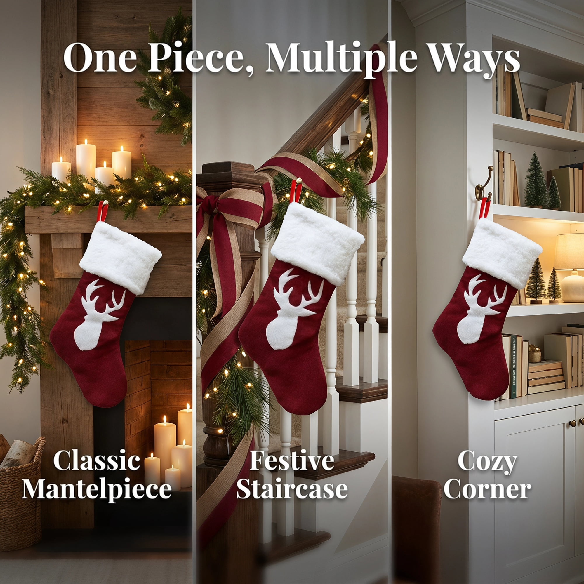 Unique Bargains Embroidered Monogram Stocking Cable Knit Deer Head Pattern 18"