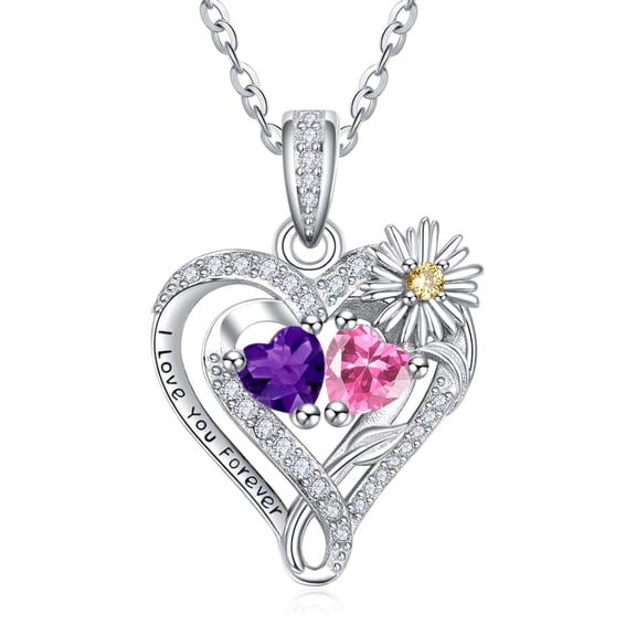 TANGPOET Sterling Silver Daisy Heart Necklaces Pendant Jewelry Amethyst Tourmaline February October Birthstone Necklace Anniversary Jewelry Gifts for Women