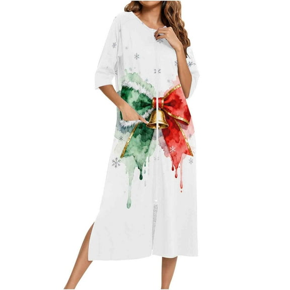 FAWUUDO Nightgown House Dress Zip up Robes for Women Long Lounge Dress House Coat Women