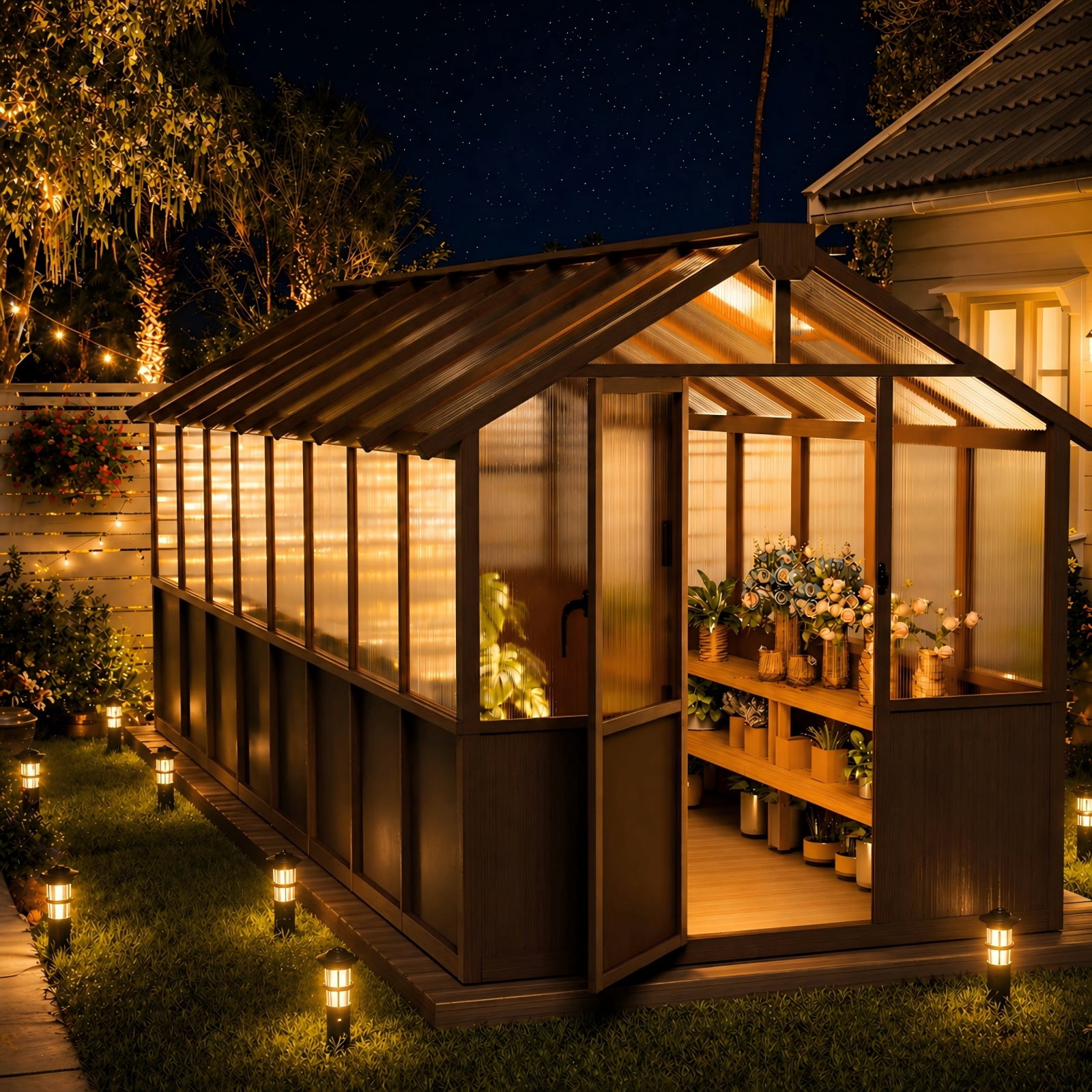 PABIMIA 8 ft. x 16 ft. Wood Greenhouse, Outdoor Walk-in Greenhouse Kit with Polycarbonate Panels and Adjustable Roof Vent