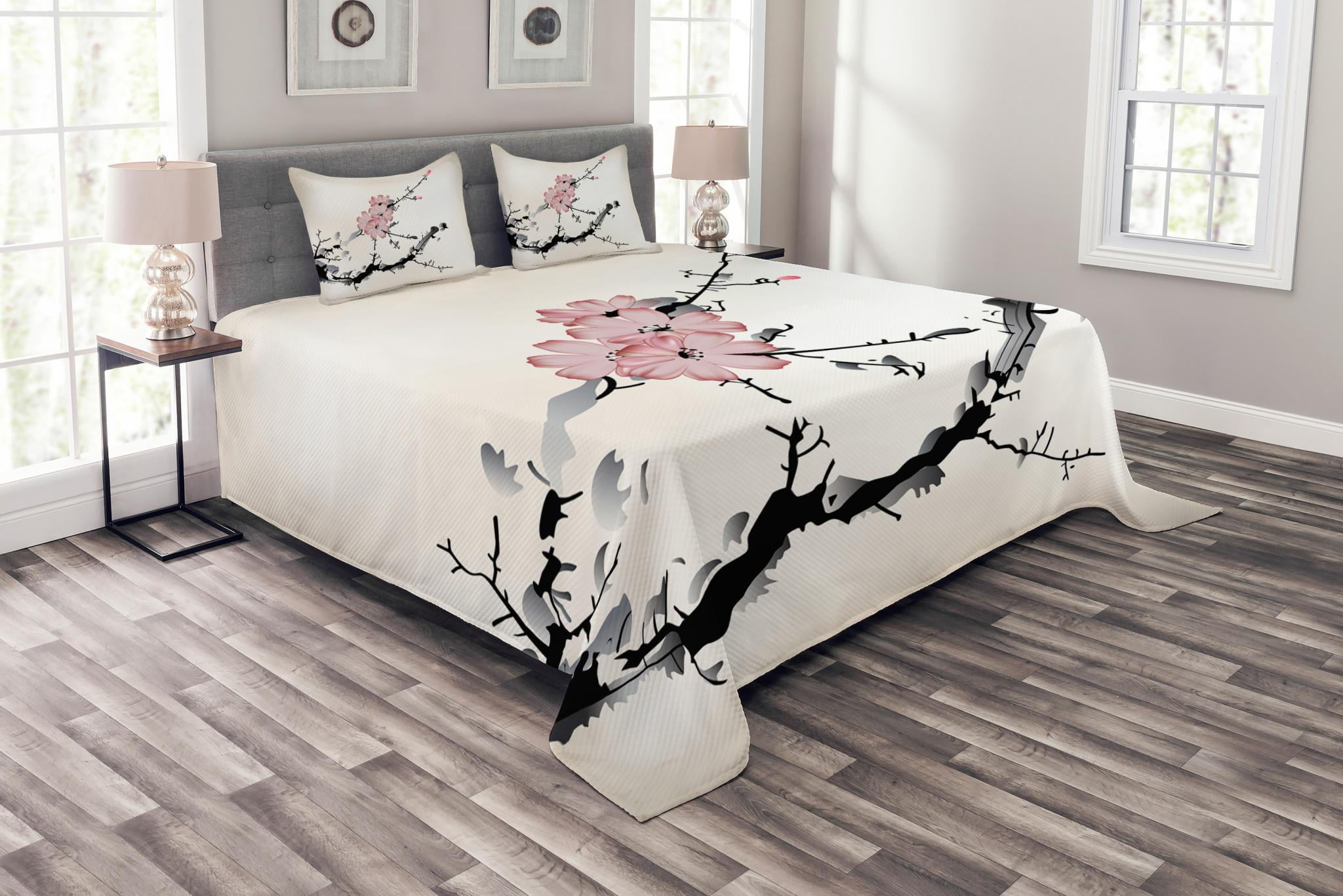 Japanese Bedspread Set Queen Size, Watercolors Illustration Traditional