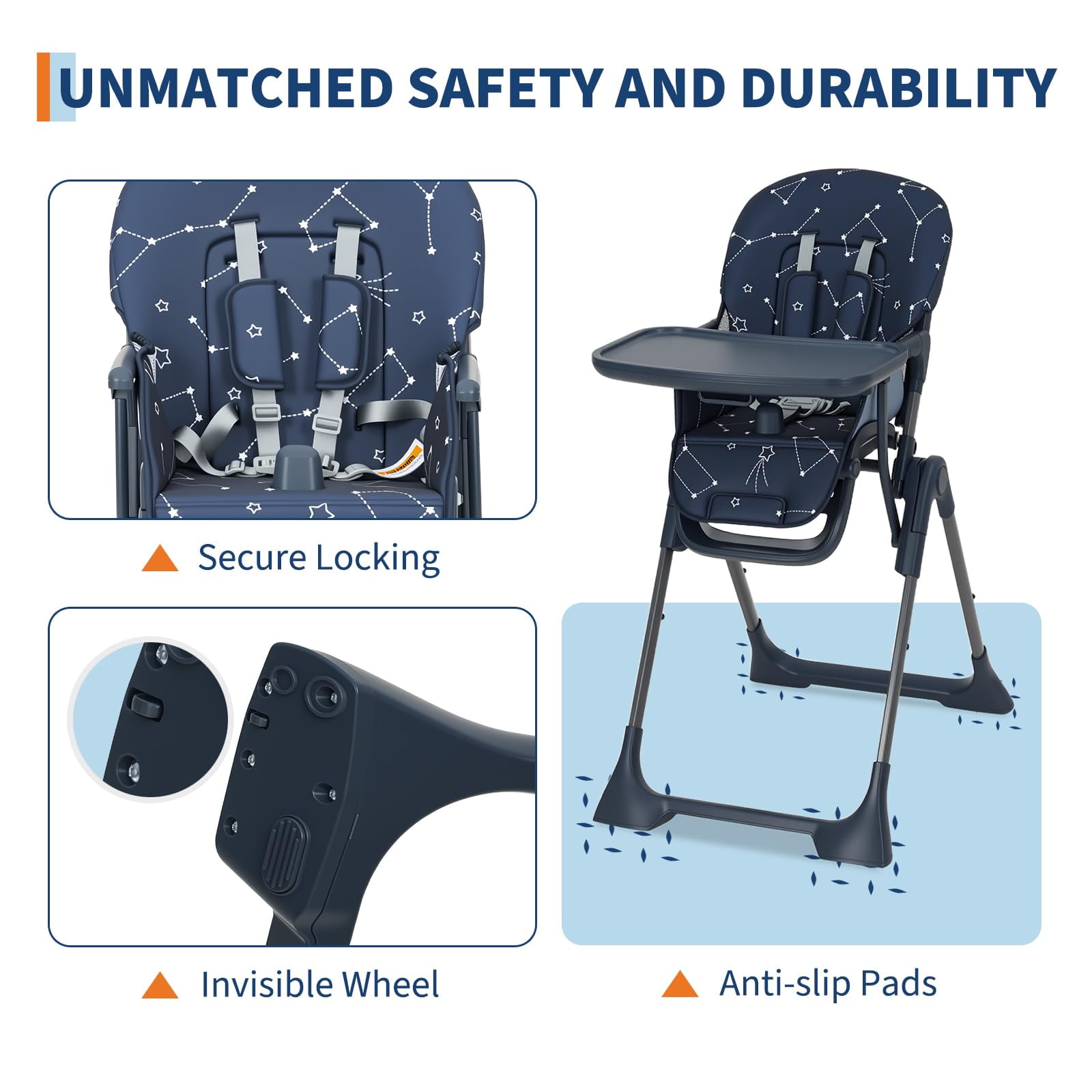 Baby High Chair,Foldable High Chair for Babies and Toddlers,Height Adjustable Feeding Chair, Adjustable Backrest and Footrest,Easy Assembly