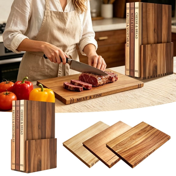 3 Pack Acacia Wood Cutting Boards with Storage Rack, Non- Wooden Chopping Boards for Kitchen Meat, Vegetables, Seafood, Dishwasher Safe Lightweight Prep Wood Cutting Board Set