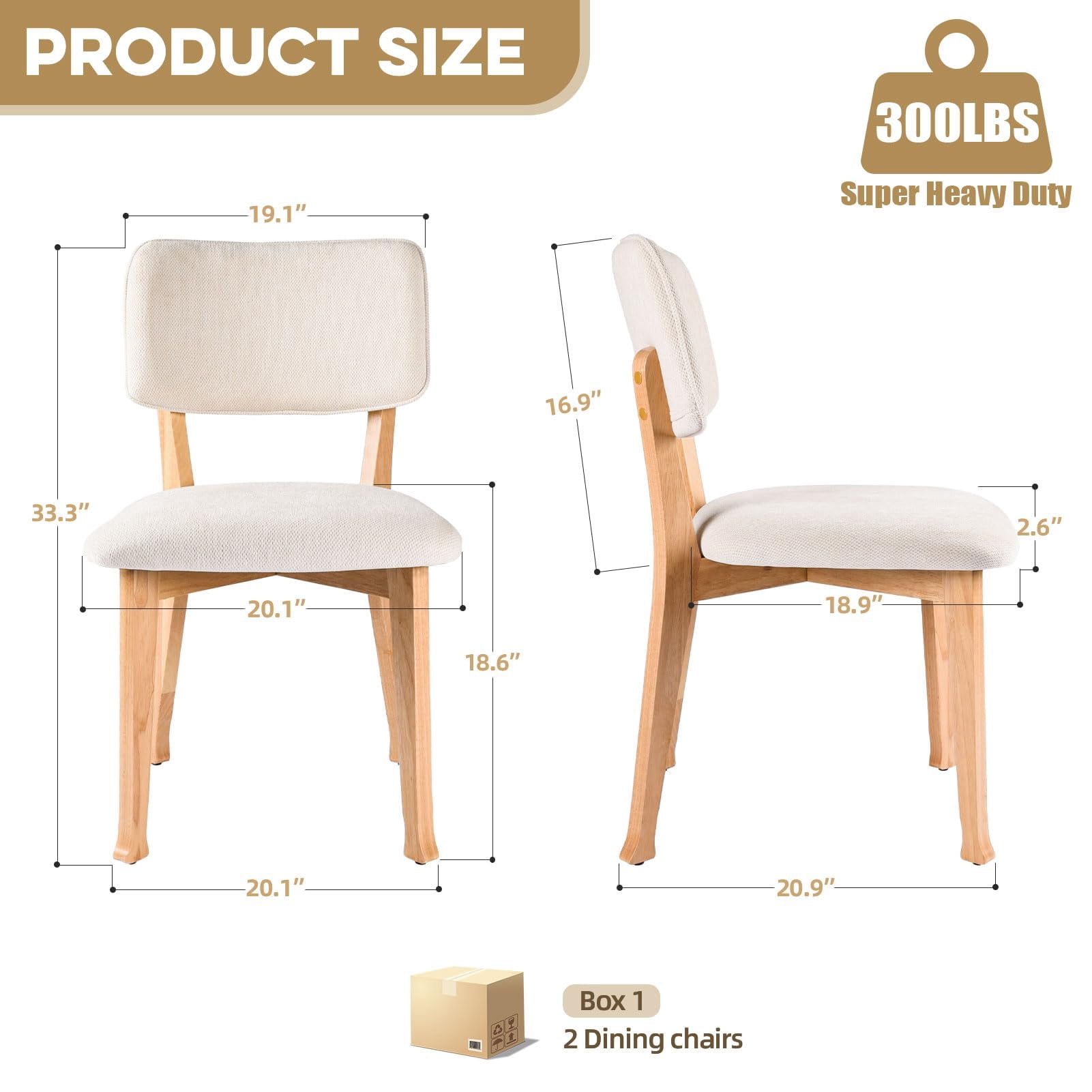 Wooden Dining Chairs Set of 2, Fabric Upholstered Kitchen Chairs with Curved Backrest, 300LBS Capacity